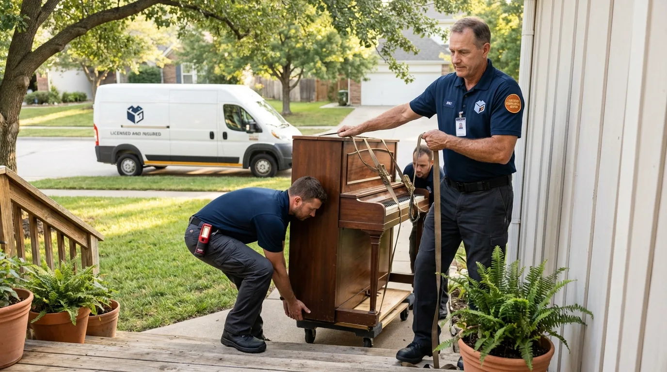 Licensed piano movers securing grand piano in Maumelle, AR