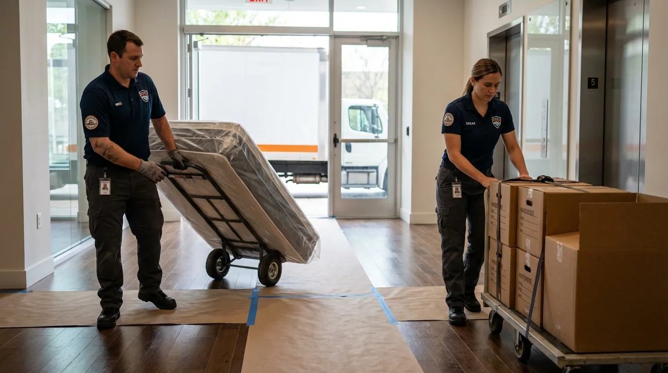 Professional apartment movers loading elevator in Maumelle, AR
