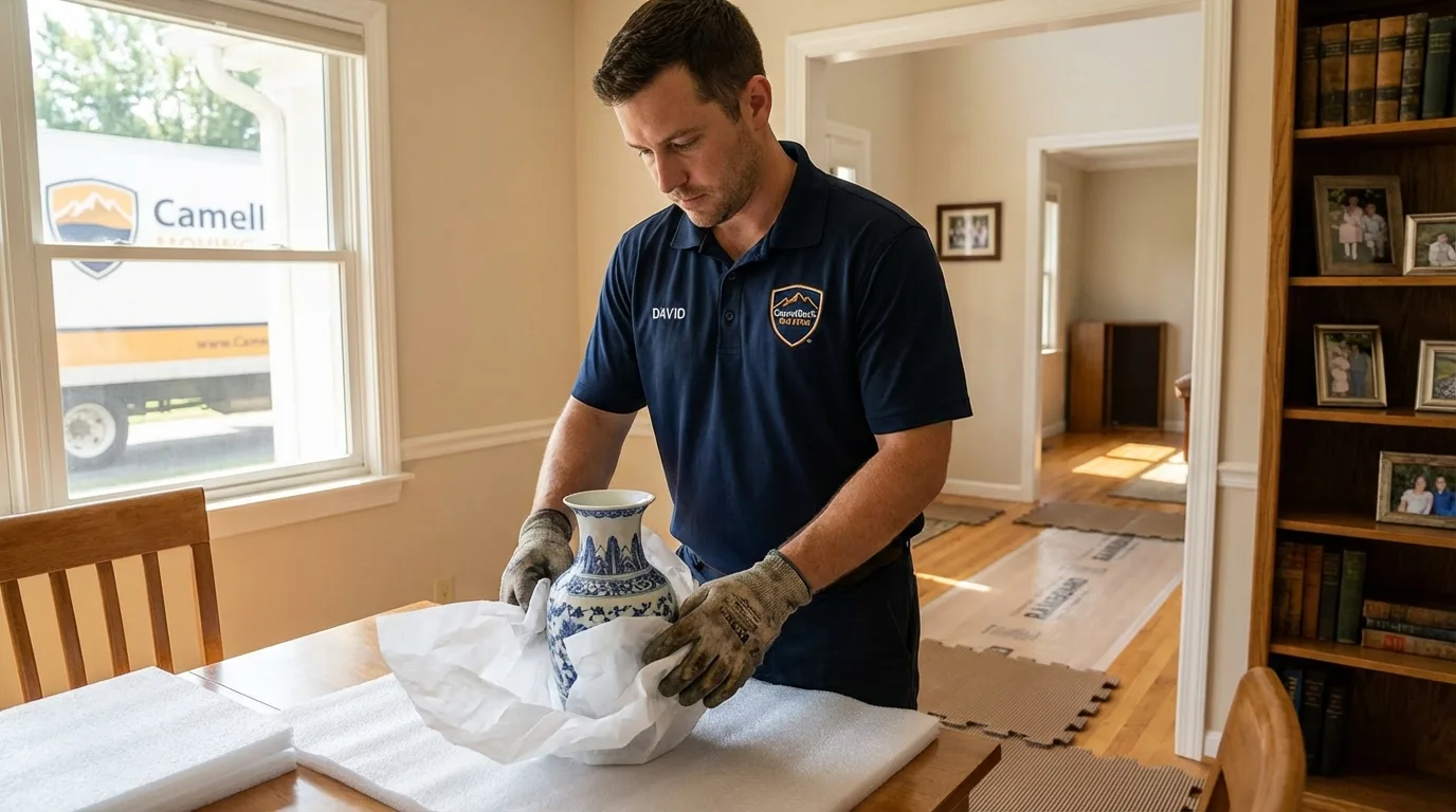 Professional crew carefully wrapping antique vase for senior downsizing move in Maumelle, AR